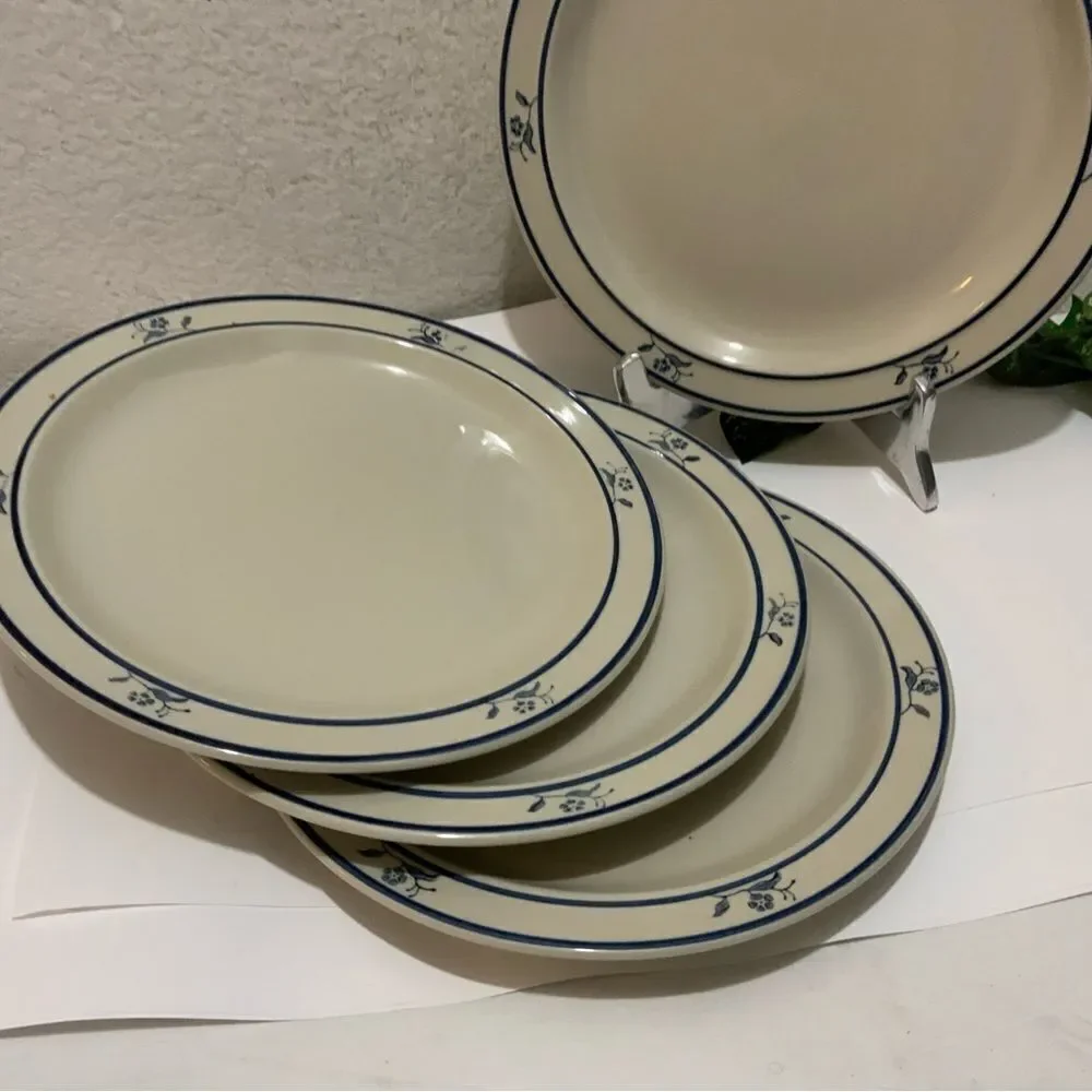 SCANDIA Blue DINNER PLATES Set Stoneware Floral Flowers Dishes  4 Brickoven G3